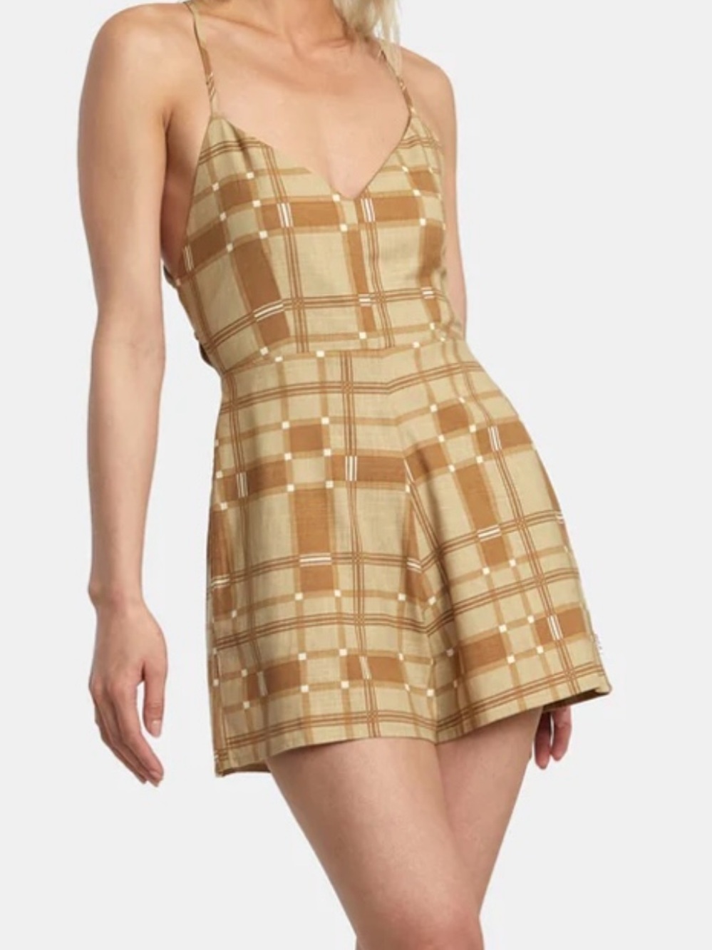 RVCA Plaid Strappy Back Romper in Tan & Cream